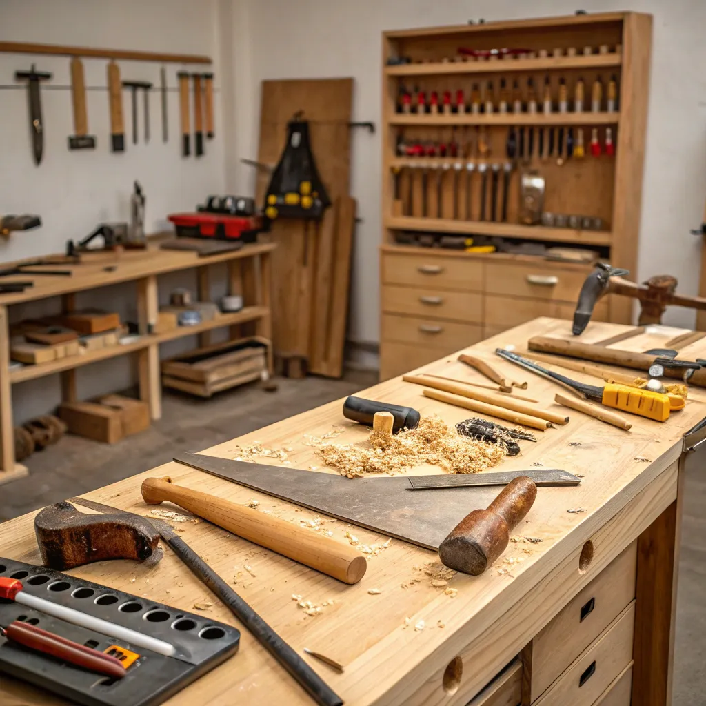 Woodwork workshop with tools and materials